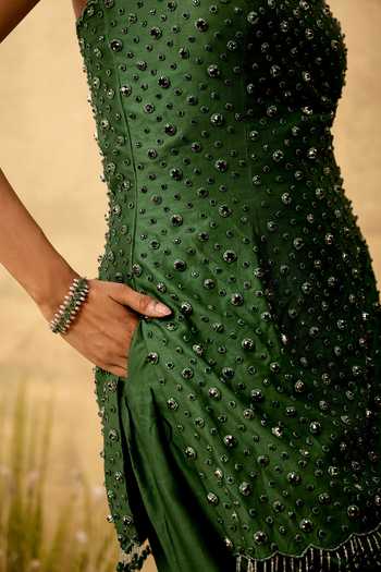 Shop_Quench A Thirst_Emerald Green Silk, Organza, , Taffeta, Embroidered Kurta Set _Online_at_Aza_Fashions