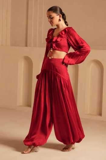 Kiran Kalsi_Red Organza, Satin V-neck Ruffle Top And Pant Set _Online_at_Aza_Fashions