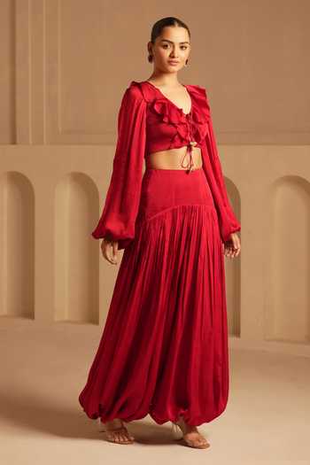 Buy_Kiran Kalsi_Red Organza, Satin V-neck Ruffle Top And Pant Set _Online_at_Aza_Fashions