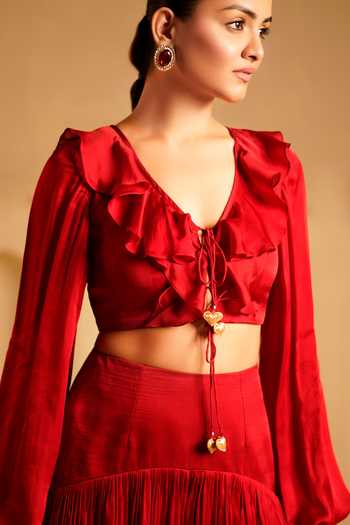 Shop_Kiran Kalsi_Red Organza, Satin V-neck Ruffle Top And Pant Set _Online_at_Aza_Fashions