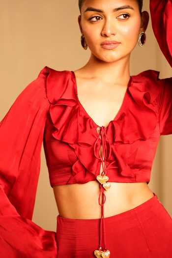 Kiran Kalsi_Red Organza, Satin V-neck Ruffle Top And Pant Set _at_Aza_Fashions