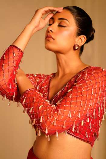 Kiran Kalsi_Red Net, Georgette V-neck Hand Embroidered Top And Pant Set _Online_at_Aza_Fashions