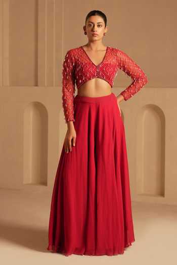 Buy_Kiran Kalsi_Red Net, Georgette V-neck Hand Embroidered Top And Pant Set _Online_at_Aza_Fashions