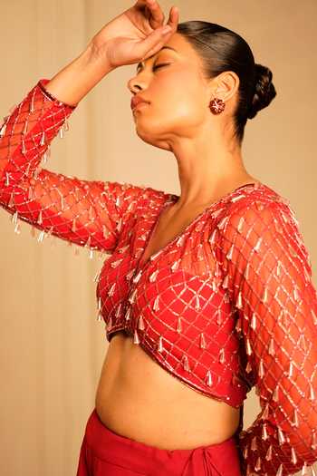 Shop_Kiran Kalsi_Red Net, Georgette V-neck Hand Embroidered Top And Pant Set _Online_at_Aza_Fashions
