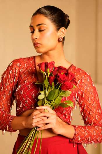 Kiran Kalsi_Red Net, Georgette V-neck Hand Embroidered Top And Pant Set _at_Aza_Fashions