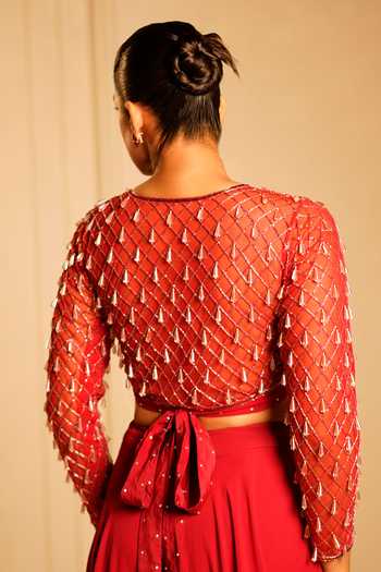 Buy_Kiran Kalsi_Red Net, Georgette V-neck Hand Embroidered Top And Pant Set 