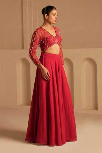 Shop_Kiran Kalsi_Red Net, Georgette V-neck Hand Embroidered Top And Pant Set 