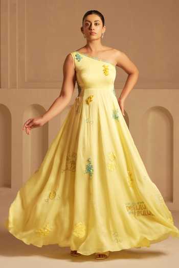 Kiran Kalsi One Shoulder Embroidered Gown 