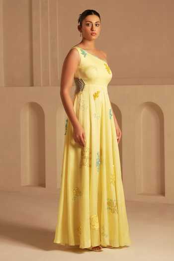 Buy_Kiran Kalsi_Yellow Organza, Satin Embroidery, Tassels One Shoulder Gown _Online_at_Aza_Fashions