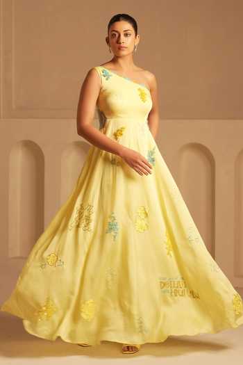 Shop_Kiran Kalsi_Yellow Organza, Satin Embroidery, Tassels One Shoulder Gown _Online_at_Aza_Fashions