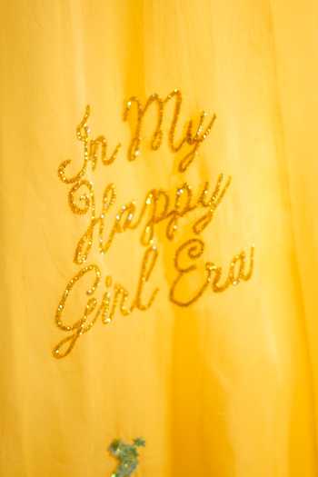Kiran Kalsi_Yellow Organza, Satin Embroidery, Tassels One Shoulder Gown _at_Aza_Fashions
