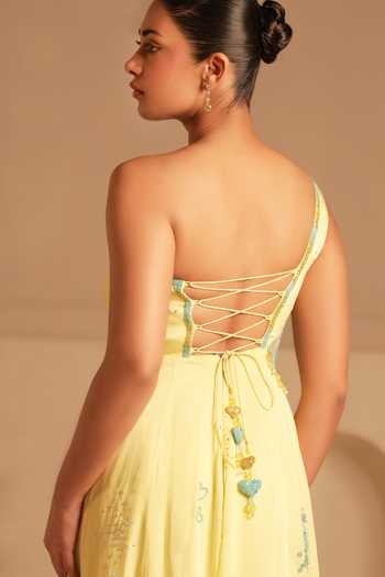 Buy_Kiran Kalsi_Yellow Organza, Satin Embroidery, Tassels One Shoulder Gown 