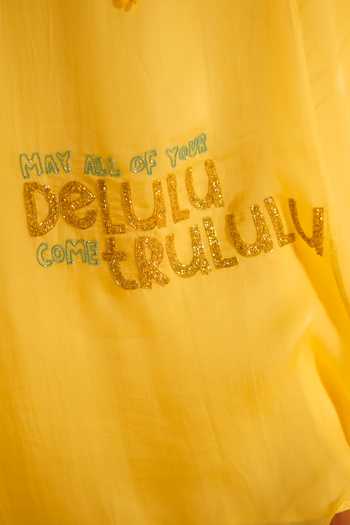 Shop_Kiran Kalsi_Yellow Organza, Satin Embroidery, Tassels One Shoulder Gown 