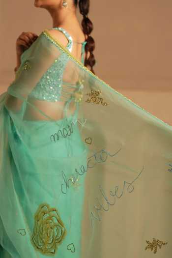 Kiran Kalsi_Green Organza V-neck Embroidered Saree And Blouse Set _Online_at_Aza_Fashions