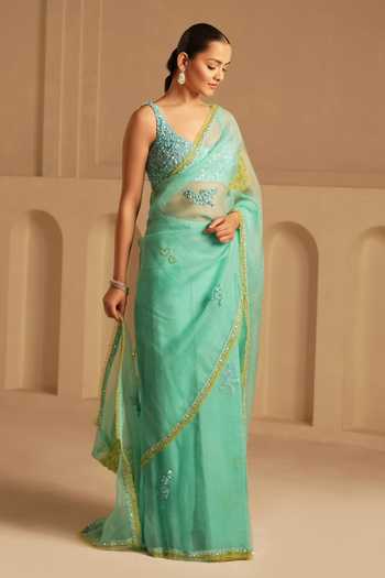 Shop Kiran Kalsi Green Organza V-neck Embroidered Saree And Blouse Set Online at Aza Fashions Shop_Kiran Kalsi_Green Organza V-neck Embroidered Saree And Blouse Set _Online_at_Aza_Fashions