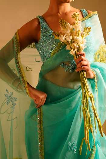 Kiran Kalsi_Green Organza V-neck Embroidered Saree And Blouse Set _at_Aza_Fashions