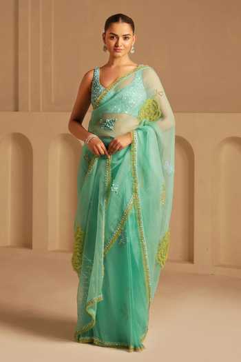 Buy Kiran Kalsi Green Organza V-neck Embroidered Saree And Blouse Set Buy_Kiran Kalsi_Green Organza V-neck Embroidered Saree And Blouse Set