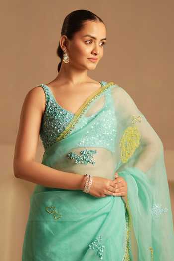Shop Kiran Kalsi Green Organza V-neck Embroidered Saree And Blouse Set Shop_Kiran Kalsi_Green Organza V-neck Embroidered Saree And Blouse Set
