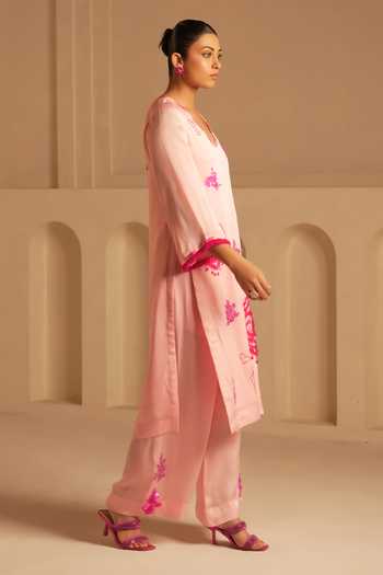 Kiran Kalsi_Pink Organza, Satin V-neck, Yes Embroidered Kurta And Pant Set _Online_at_Aza_Fashions