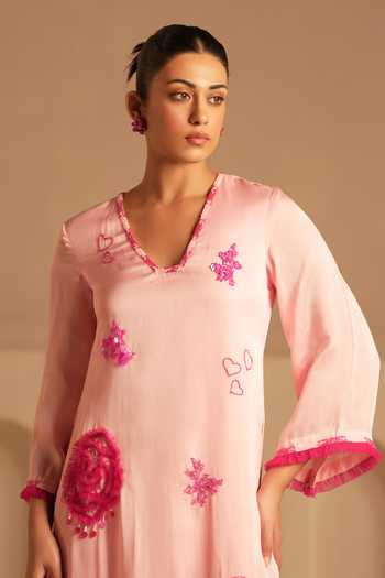 Shop_Kiran Kalsi_Pink Organza, Satin V-neck, Yes Embroidered Kurta And Pant Set _Online_at_Aza_Fashions