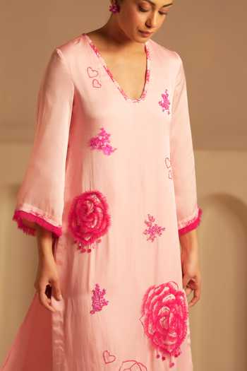 Kiran Kalsi_Pink Organza, Satin V-neck, Yes Embroidered Kurta And Pant Set _at_Aza_Fashions