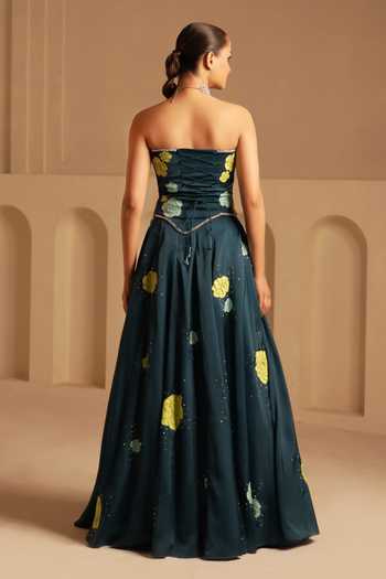 Kiran Kalsi Floral Hand Painted Corset & Lehenga Set 