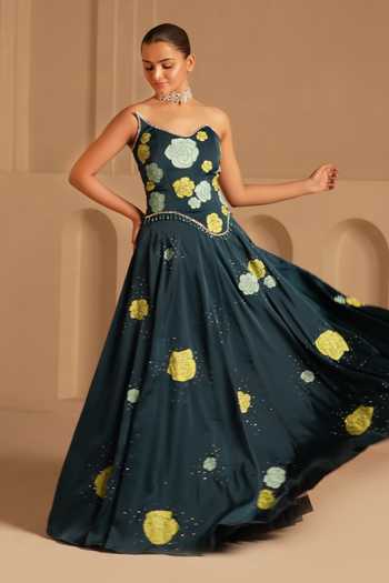 Kiran Kalsi_Yellow Satin Beads, Crystals Sweetheart Floral Hand Painted Corset And Lehenga Set _Online_at_Aza_Fashions