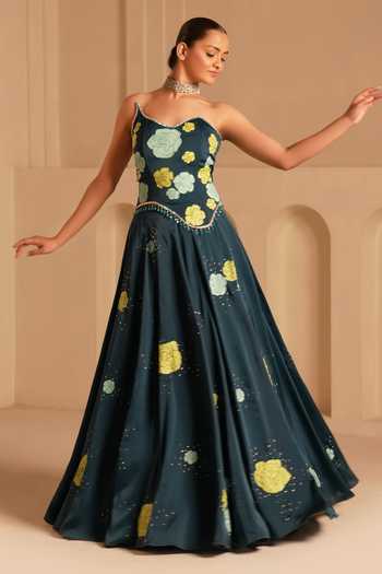 Buy_Kiran Kalsi_Yellow Satin Beads, Crystals Sweetheart Floral Hand Painted Corset And Lehenga Set _Online_at_Aza_Fashions