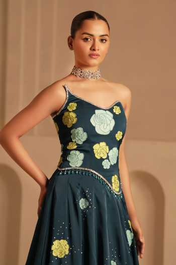 Shop_Kiran Kalsi_Yellow Satin Beads, Crystals Sweetheart Floral Hand Painted Corset And Lehenga Set _Online_at_Aza_Fashions
