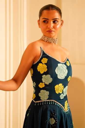 Kiran Kalsi_Yellow Satin Beads, Crystals Sweetheart Floral Hand Painted Corset And Lehenga Set _at_Aza_Fashions