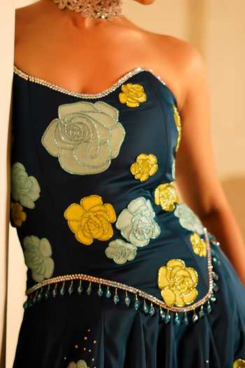 Buy_Kiran Kalsi_Yellow Satin Beads, Crystals Sweetheart Floral Hand Painted Corset And Lehenga Set 