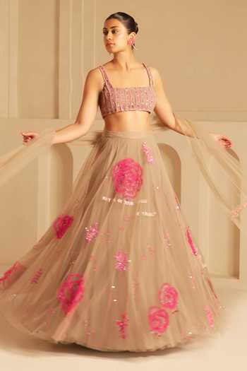 Kiran Kalsi_Grey Net Square Neck Hand Embroidered Lehenga Set _Online_at_Aza_Fashions