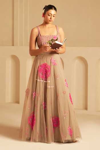 Buy_Kiran Kalsi_Grey Net Square Neck Hand Embroidered Lehenga Set _Online_at_Aza_Fashions