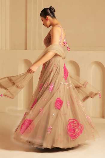 Kiran Kalsi_Grey Net Square Neck Hand Embroidered Lehenga Set _at_Aza_Fashions