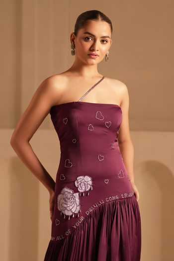 Buy_Kiran Kalsi_Purple Satin One Shoulder Dress _Online_at_Aza_Fashions