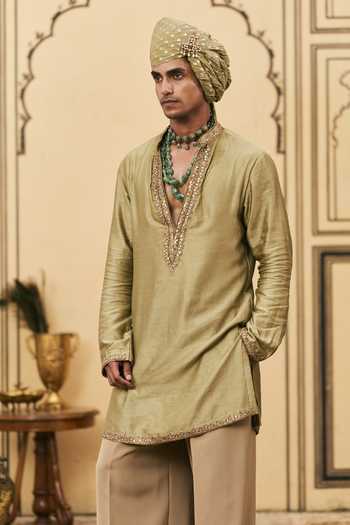 Shop Itrh Olive Green Chanderi, Crepe, Organza Zaitooni Kurta Set Online at Aza Fashions Shop_Itrh_Olive Green Chanderi, Crepe, Organza Zaitooni Kurta Set _Online_at_Aza_Fashions