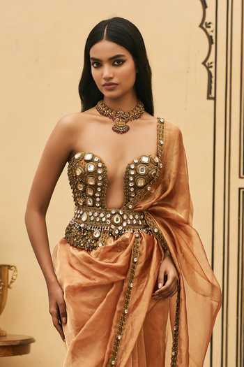 Itrh Orange Silk, Tissue, Net Mirrors, Kesariya Embroidered Corset Set With Dupatta Online at Aza Fashions Itrh_Orange Silk, Tissue, Net Mirrors, Kesariya Embroidered Corset Set With Dupatta _Online_at_Aza_Fashions