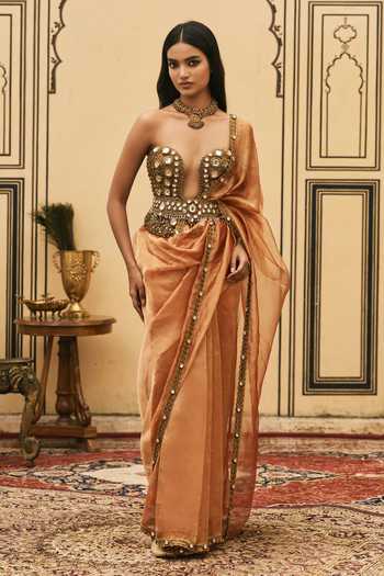Buy Itrh Orange Silk, Tissue, Net Mirrors, Kesariya Embroidered Corset Set With Dupatta Online at Aza Fashions Buy_Itrh_Orange Silk, Tissue, Net Mirrors, Kesariya Embroidered Corset Set With Dupatta _Online_at_Aza_Fashions