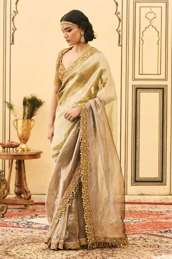 Shop Itrh Gold Tissue, Silk Sweetheart Neck Shyama Zardozi Embroidered Saree With Blouse Online at Aza Fashions Shop_Itrh_Gold Tissue, Silk Sweetheart Neck Shyama Zardozi Embroidered Saree With Blouse _Online_at_Aza_Fashions