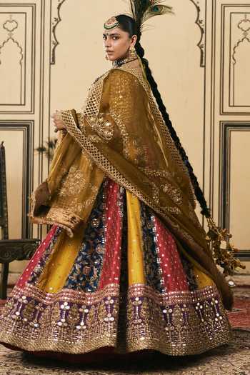 Shop Itrh Multi Color Brocade, Organza V-neck Rangotsav Phulkari Lehenga Set Online at Aza Fashions Shop_Itrh_Multi Color Brocade, Organza V-neck Rangotsav Phulkari Lehenga Set _Online_at_Aza_Fashions