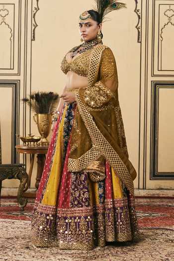Itrh Multi Color Brocade, Organza V-neck Rangotsav Phulkari Lehenga Set Online at Aza Fashions Itrh_Multi Color Brocade, Organza V-neck Rangotsav Phulkari Lehenga Set _Online_at_Aza_Fashions