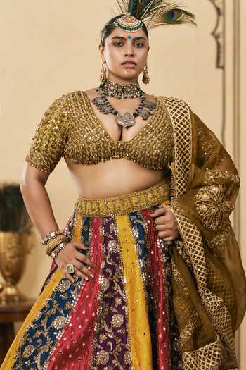 Shop Itrh Multi Color Brocade, Organza V-neck Rangotsav Phulkari Lehenga Set Online at Aza Fashions Shop_Itrh_Multi Color Brocade, Organza V-neck Rangotsav Phulkari Lehenga Set _Online_at_Aza_Fashions