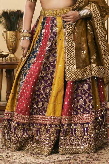 Itrh Multi Color Brocade, Organza V-neck Rangotsav Phulkari Lehenga Set at Aza Fashions Itrh_Multi Color Brocade, Organza V-neck Rangotsav Phulkari Lehenga Set _at_Aza_Fashions
