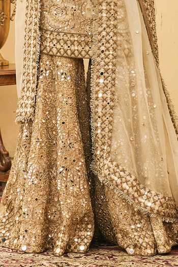 Itrh Beige Organza Choker Neck Fawn Embroidered Kurta Gharara Set Online at Aza Fashions Itrh_Beige Organza Choker Neck Fawn Embroidered Kurta Gharara Set _Online_at_Aza_Fashions