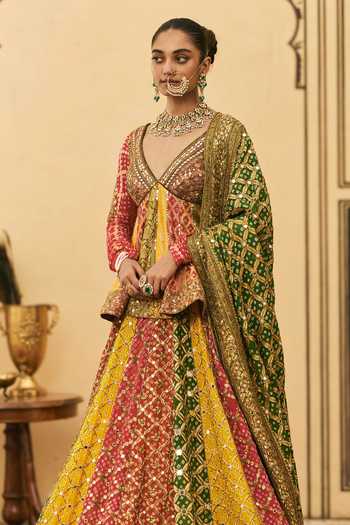 Itrh Multi Color V-neck Rangeen Bandhani Pattern Peplum Top Lehenga Set Online at Aza Fashions Itrh_Multi Color V-neck Rangeen Bandhani Pattern Peplum Top Lehenga Set _Online_at_Aza_Fashions