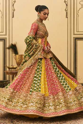Buy Itrh Multi Color V-neck Rangeen Bandhani Pattern Peplum Top Lehenga Set Online at Aza Fashions Buy_Itrh_Multi Color V-neck Rangeen Bandhani Pattern Peplum Top Lehenga Set _Online_at_Aza_Fashions