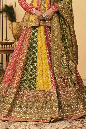 Shop Itrh Multi Color V-neck Rangeen Bandhani Pattern Peplum Top Lehenga Set Online at Aza Fashions Shop_Itrh_Multi Color V-neck Rangeen Bandhani Pattern Peplum Top Lehenga Set _Online_at_Aza_Fashions
