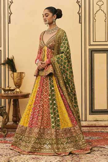 Itrh Multi Color V-neck Rangeen Bandhani Pattern Peplum Top Lehenga Set at Aza Fashions Itrh_Multi Color V-neck Rangeen Bandhani Pattern Peplum Top Lehenga Set _at_Aza_Fashions