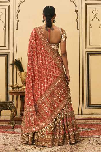 Itrh Red Bandhani Pattern Lehenga Set 