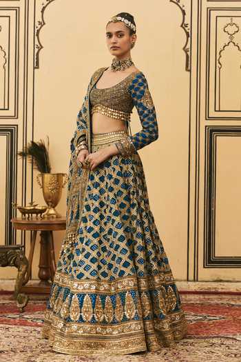 Itrh Blue Silk Square Neck Bandhani Pattern Lehenga Set Online at Aza Fashions Itrh_Blue Silk Square Neck Bandhani Pattern Lehenga Set _Online_at_Aza_Fashions